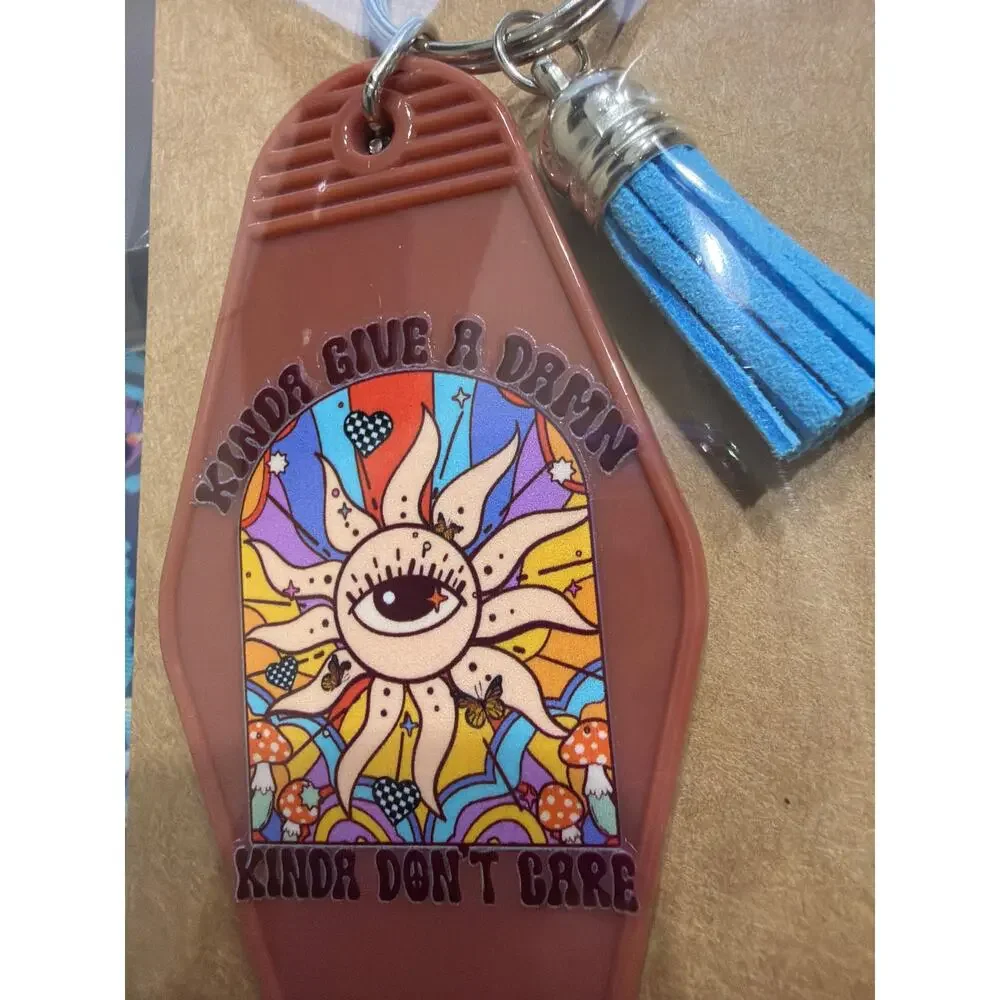 Kinda Give A Damn Brown & Blue Vintage Hotel Motel Keychain Key Chain Handmade